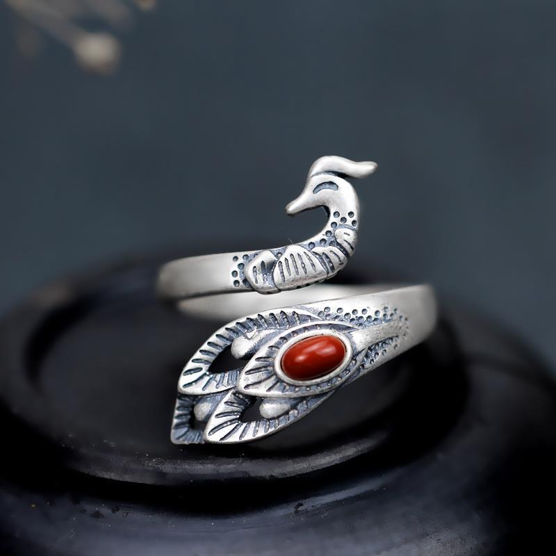 Original Design Peacock Southern Red Agate Opening Adjustable Ring Vintage Retro Elegant Charm Lady Silver Jewelry