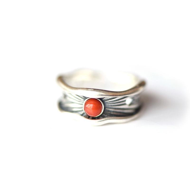 Original Design Southen Red Agate Lotus Open Ring Vintage Style Retro Bohemian Charm Women's Silver Jewelry