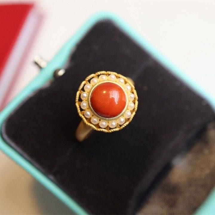 Original Epoxy Craftring Southern Red Agate Resizable Ring Vintage Retro Style Gilt Luxury Women's Brand Jewelry