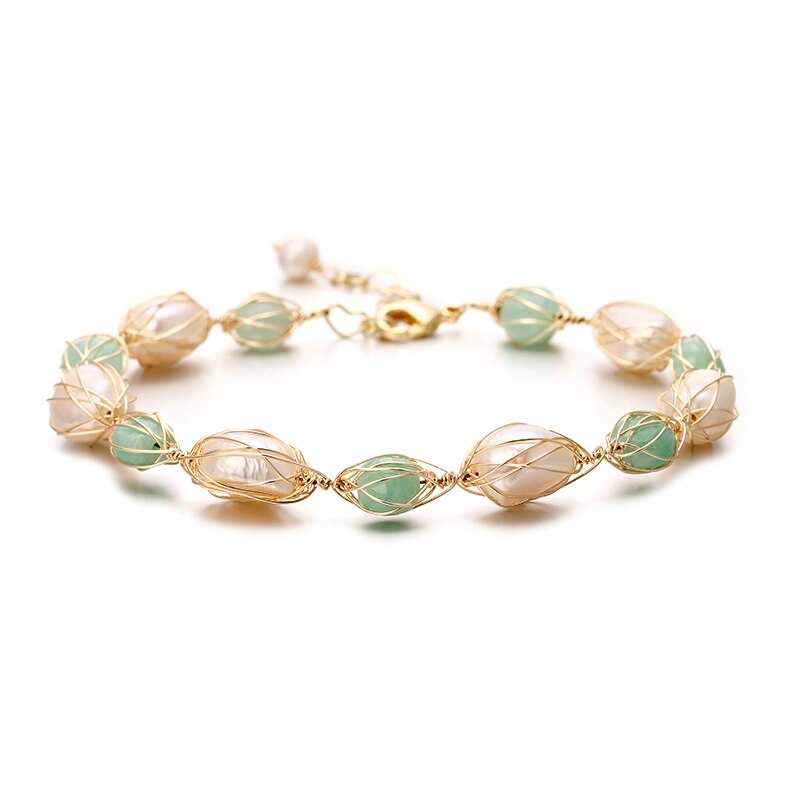 Handmade 14K Gold Filled Baroque Natural Freshwater Pearl Jade  Beaded Bracelet