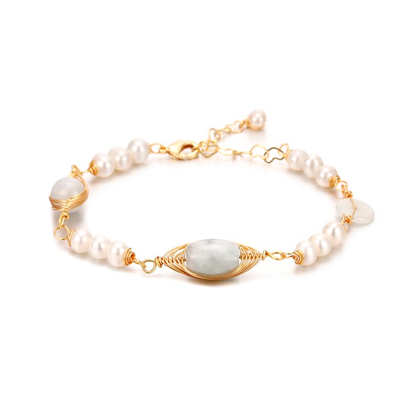 Handcrafted 14K Gold Filled Natural Jade Freshwater Pearl Beaded Charm Bracelet