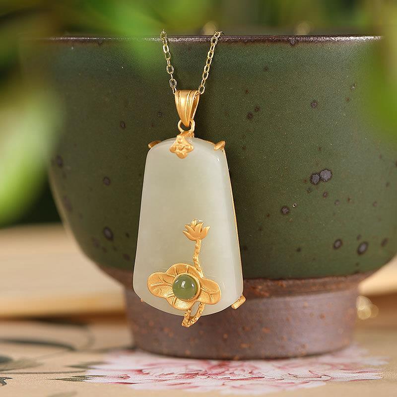 Original Natural Fine Jade Lotus Geometric Pendant Vintage Retro Elegant Luxury Charm Women's Silver Jewelry