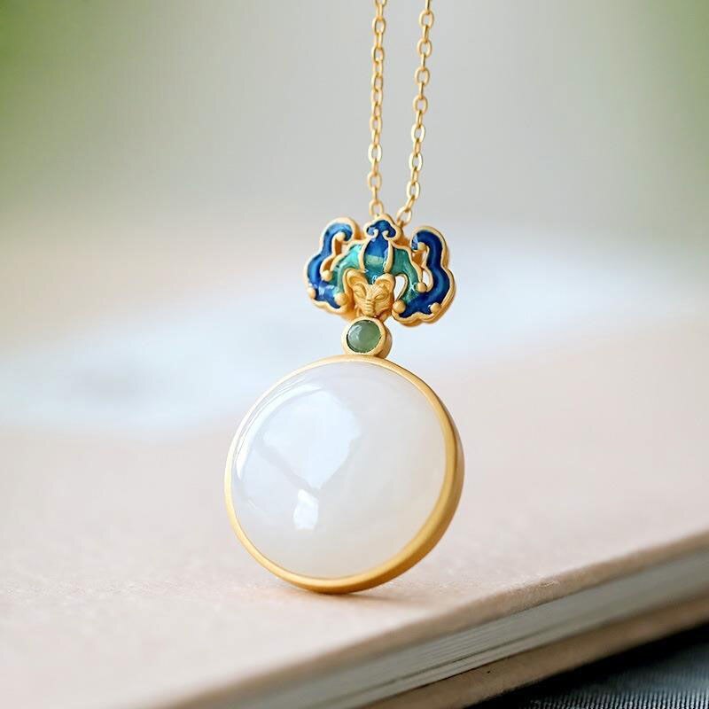 Original Design Cloisonne Inlaid Natural Fine White Jade Round Necklace Pendant Retro Exquisite Lady Silver Jewelry