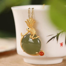 Load image into Gallery viewer, Original Natural Fine Jade Round Pendant Retro Luxury Elegant Lotus Koi Golden Gilt Ladies Necklace
