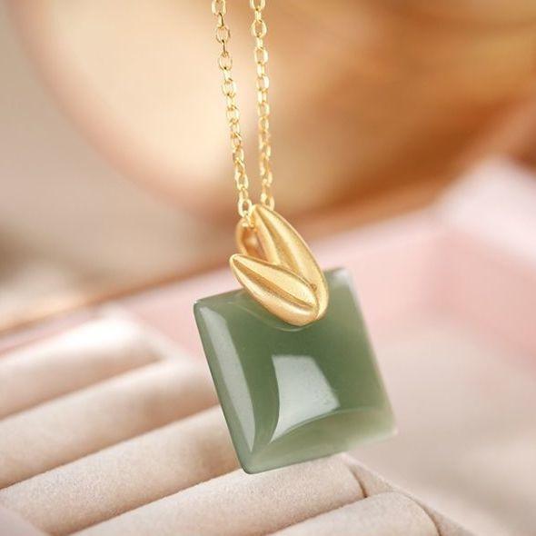 Original Silver Inlaid Natural Fine Jade Jasper Pendant Necklace Charm Design Retro Jewelry