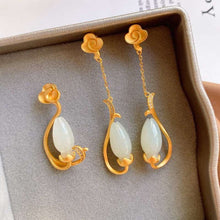 Load image into Gallery viewer, Original Silver Inlaid Natural Fine White Jade Magnolia Pendant Necklace Earrings Vintage Style Charm Women&#39;s Jewelry Set
