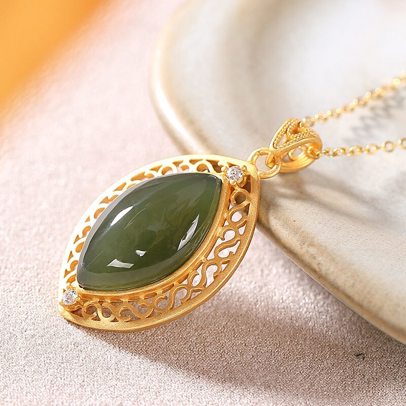 Original Silver Inlaid Natural Fine Jade Pendant Necklace Vintage Style Retro Charming Women's Jewelry