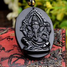 Load image into Gallery viewer, Handcrafted Natural Black Obsidian Ganesha Oval Pendant Necklace
