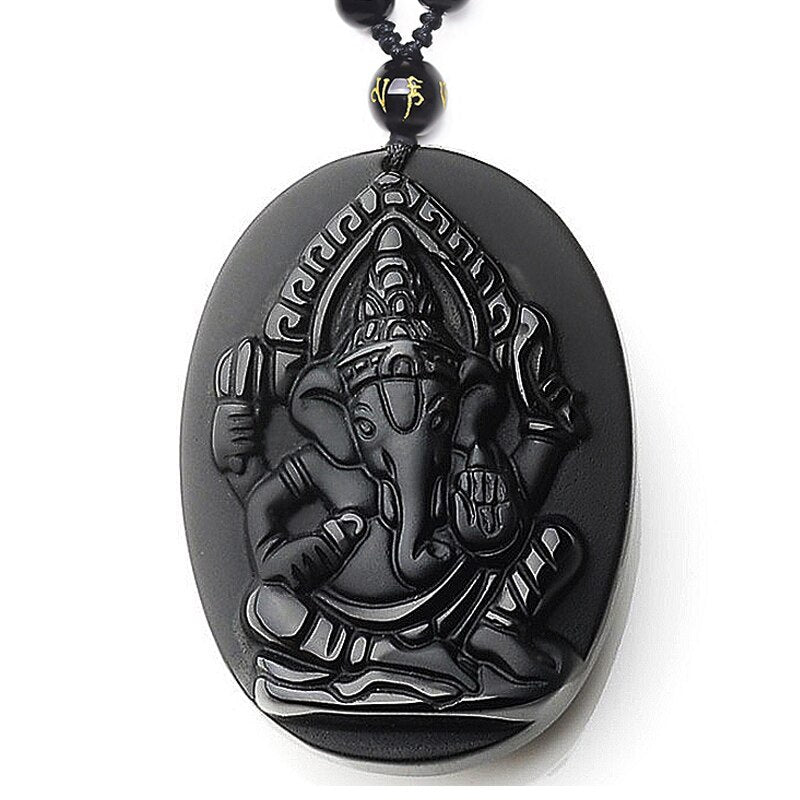 Handcrafted Natural Black Obsidian Ganesha Oval Pendant Necklace