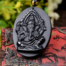 Load image into Gallery viewer, Handcrafted Natural Black Obsidian Ganesha Oval Pendant Necklace
