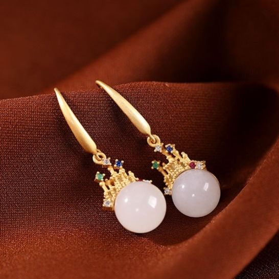 Original  Silver Fine White Jade Round Bead Earrings Castle Shape Vintage Retro Charm Craft Women's Brand Jewelry