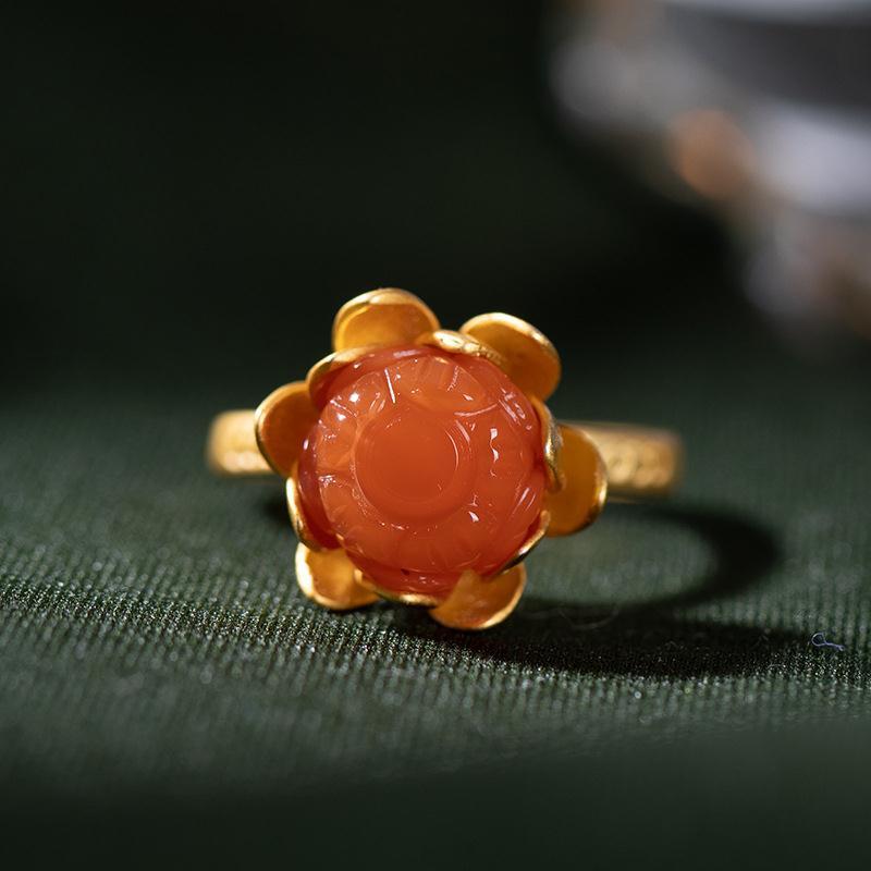 Original  Silver Inlay Southern Red Agate Retro Lotus Vintage Style Charm Women Open Adjustable Ring