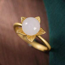 Load image into Gallery viewer, Original Silver Natural Fine White Chalcedony Blossom Vintage Retro Gold Ladies Charm Opening Adjustable Ring
