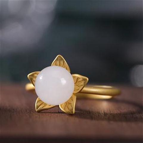 Original Silver Natural Fine White Chalcedony Blossom Vintage Retro Gold Ladies Charm Opening Adjustable Ring