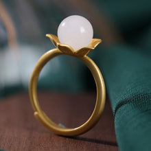 Load image into Gallery viewer, Original Silver Natural Fine White Chalcedony Blossom Vintage Retro Gold Ladies Charm Opening Adjustable Ring
