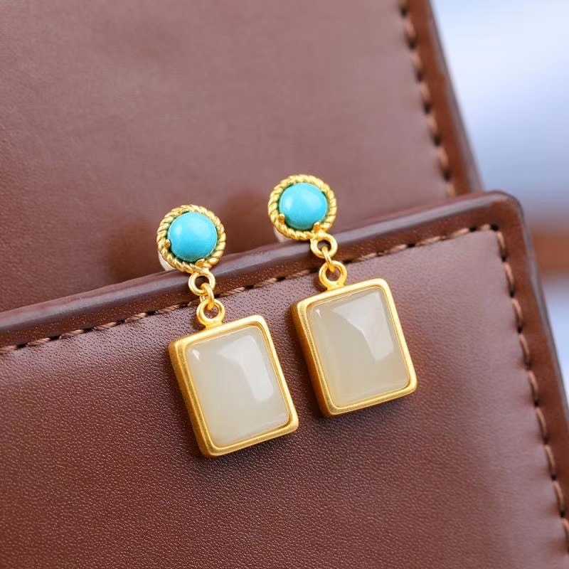 Original Silver Natural White Jade Turquoise Earrings Vintage Retro Geometric Charm Women's Jewelry