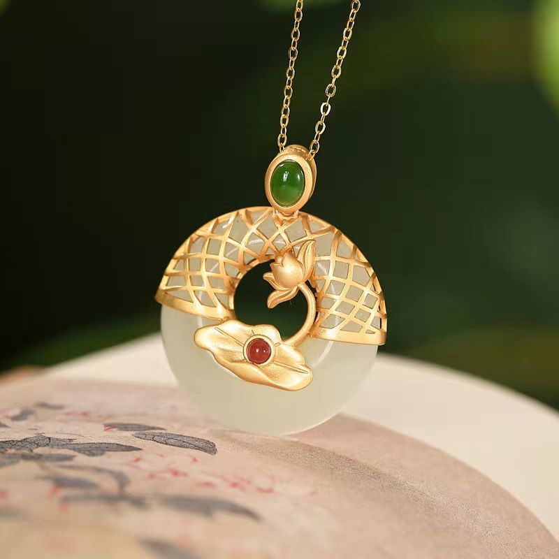 Original Craftsmanship Inlaid Lotus Natural Fine Jade Necklace Pendant  Ladies Silver Jewelry