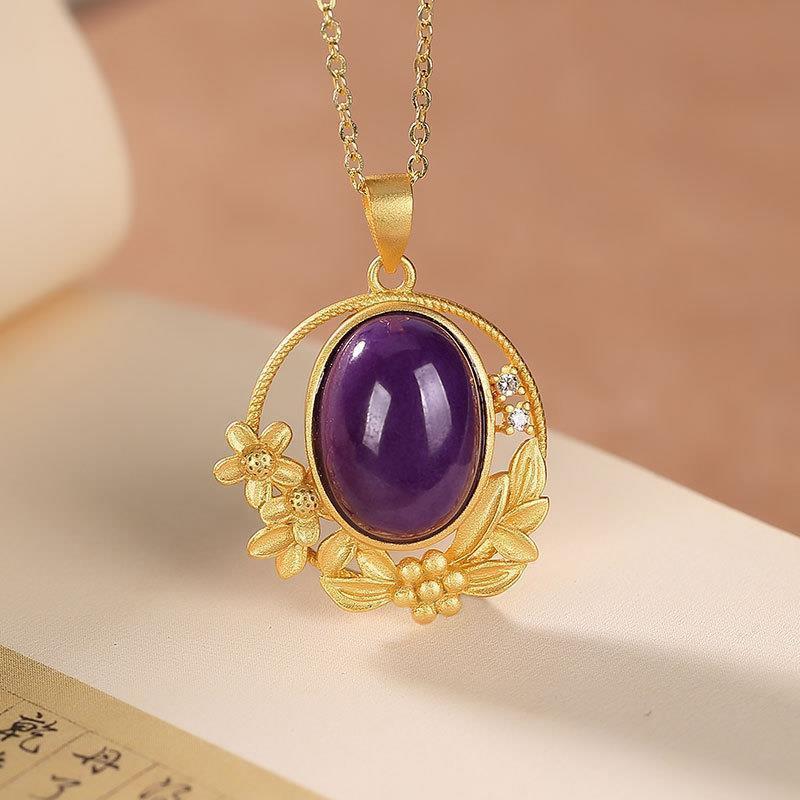 Original Ancient Golden Craftsmanship Inlaid Oval Purple Mica Necklace Pendant Ladies Silver Jewelry