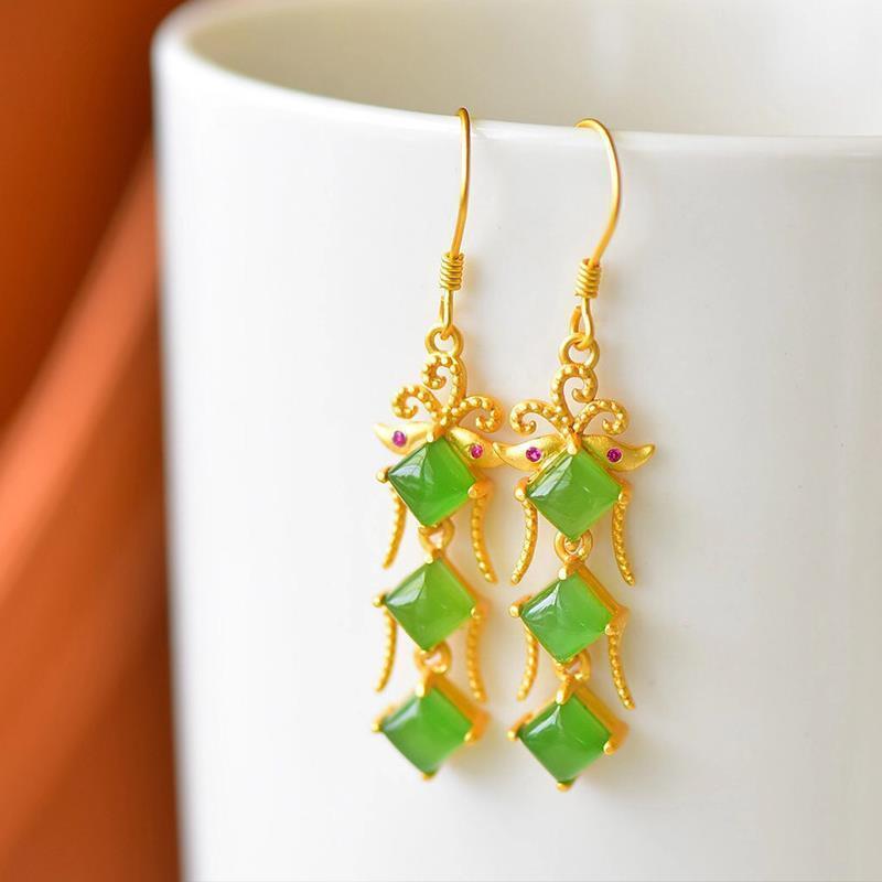 Original and Unique Ancient  Golden Craftsmanship Fine Jade Long Earrings Elegant Charm Retro Silver Jewelry