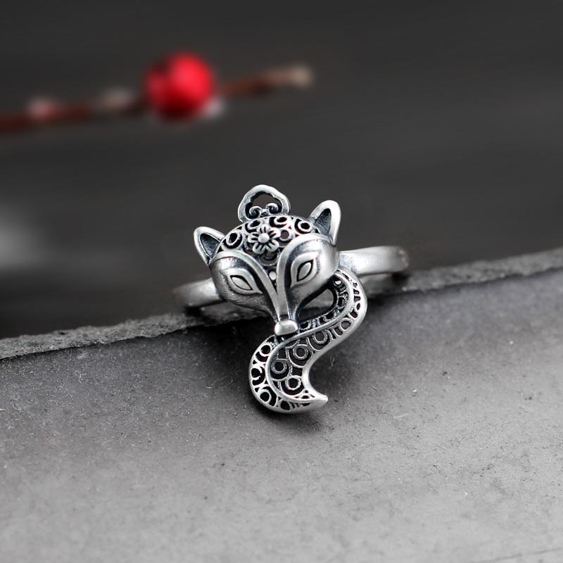 Original Design Thai Silver Fox Opening Ring Vintage Style Retro Elegant Charm Women's Silver Jewelry