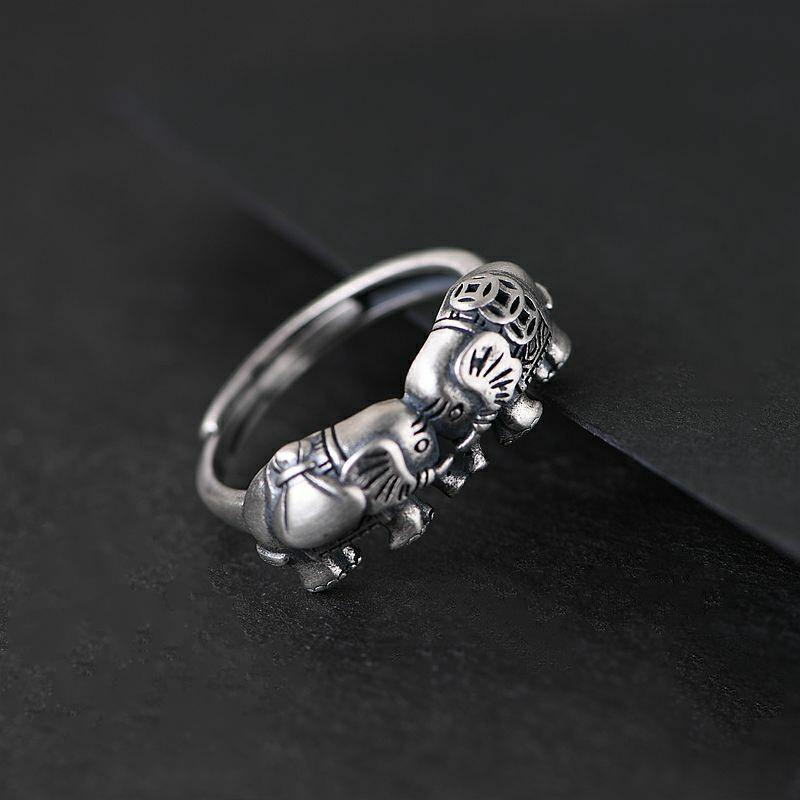 Original Design Auspicious Elephant Opening Adjustable Ring Retro Ethnic Style Elegant Luxury Charm Women Silver Jewelry