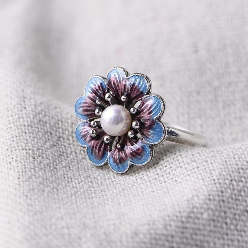 Original Design Cloisonne Enamel Porcelain Flower Pearl Opening Adjustable Ring Vintage Retro Charm Women's Silver Jewelry