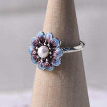 Load image into Gallery viewer, Original Design Cloisonne Enamel Porcelain Flower Pearl Opening Adjustable Ring Vintage Retro Charm Women&#39;s Silver Jewelry
