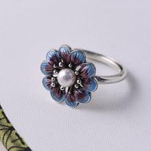 Load image into Gallery viewer, Original Design Cloisonne Enamel Porcelain Flower Pearl Opening Adjustable Ring Vintage Retro Charm Women&#39;s Silver Jewelry
