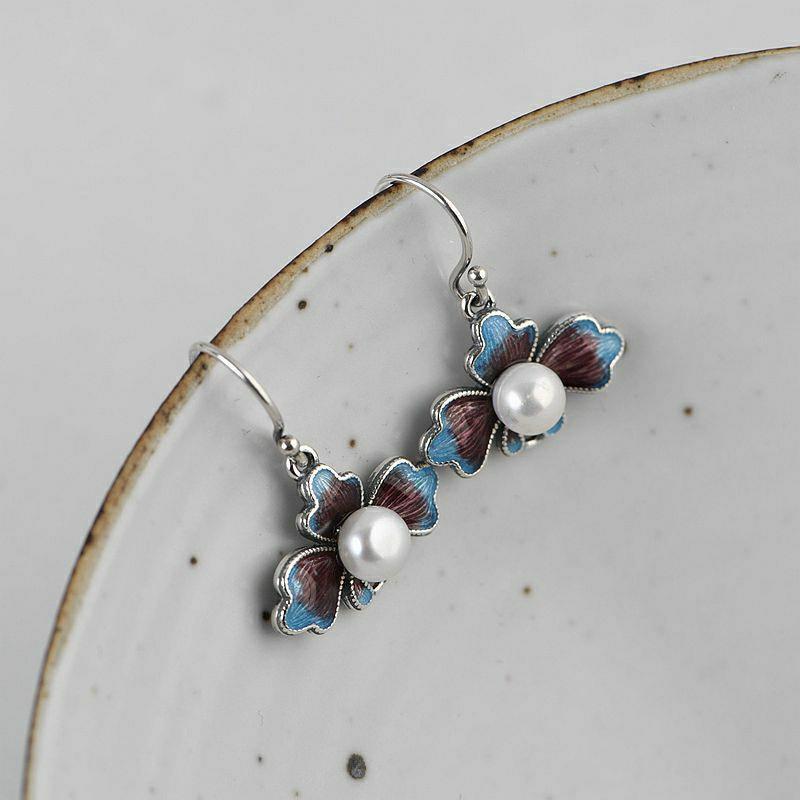 Original Design Cloisonne Enamel Porcelain Pearl Earrings Vintage Style Retro Unique Craft Charm Women's Silver Jewelry