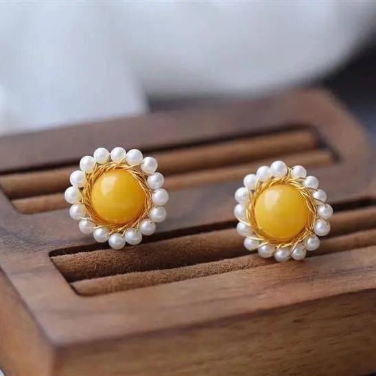 Original Design Yellow Amber Pearl Earrings Vintage Style Retro Creative Elegant Silver Jewelry