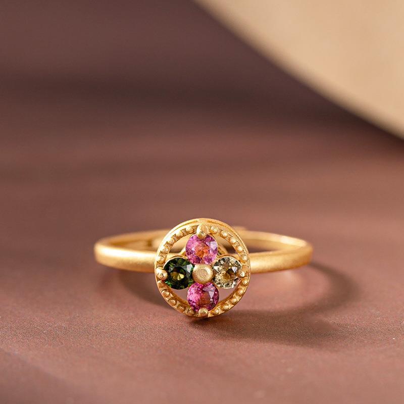 Original Design Geometric Flower Inlaid Tourmaline Vintage Style Unique Antique Craft Silver Jewelry Rings for Women