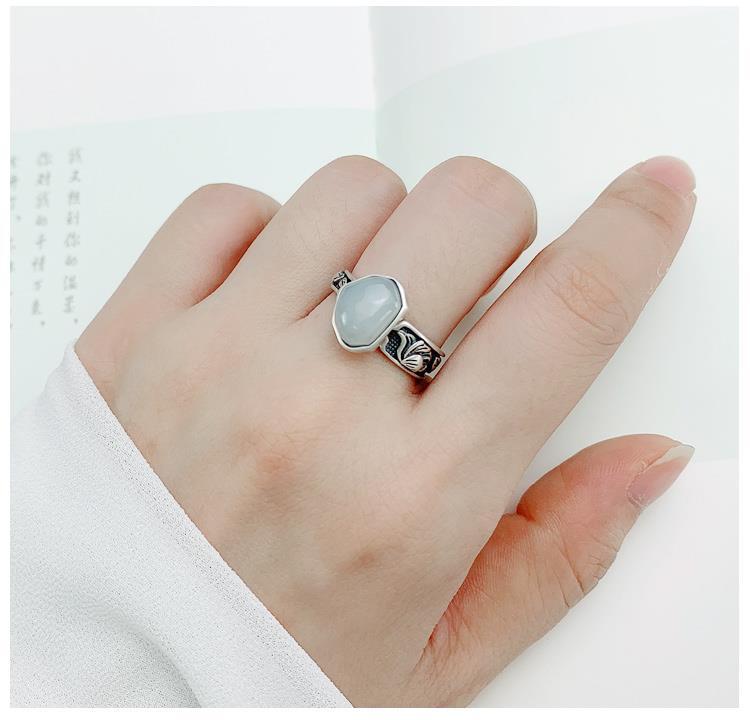 Original Design Fine White Jade Irregular Shape Opening Adjustable Ring Vintage Retro Unique Craft Lady Silver Jewelry