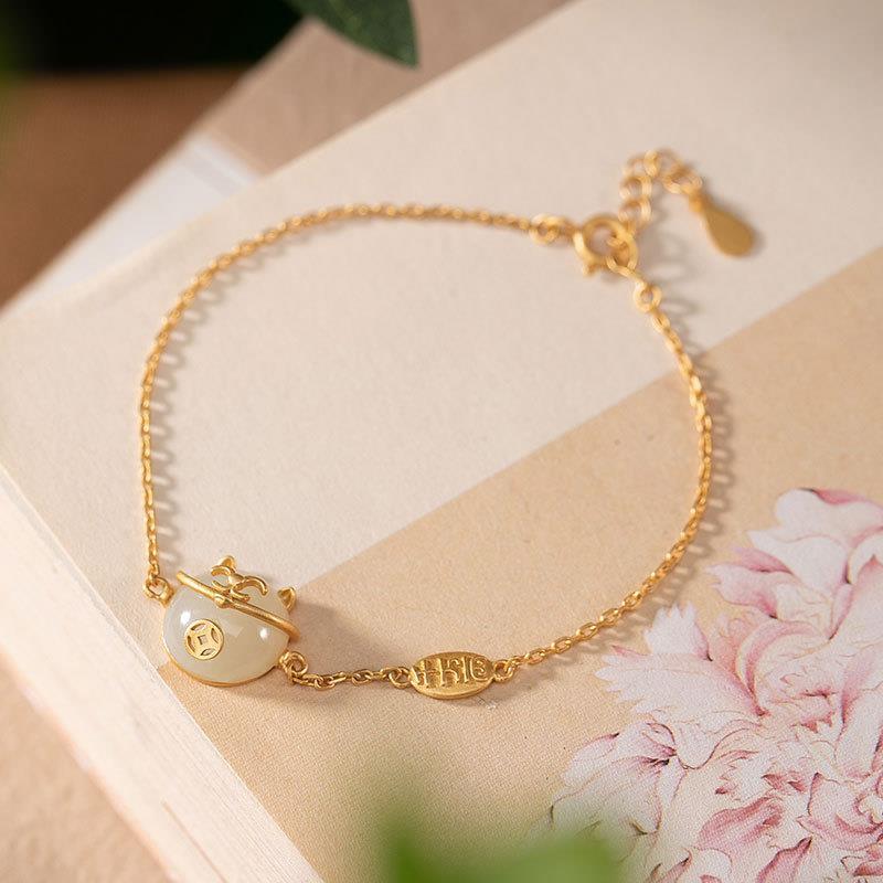 Original Design Lucky Cat Natural Fine Jade Bracelet Vintage Style Retro Unique Ancient Gold Craft Charm Female Silver Jewelry