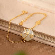 Load image into Gallery viewer, Original Design Lucky Cat Natural Fine Jade Bracelet Vintage Style Retro Unique Ancient Gold Craft Charm Female Silver Jewelry
