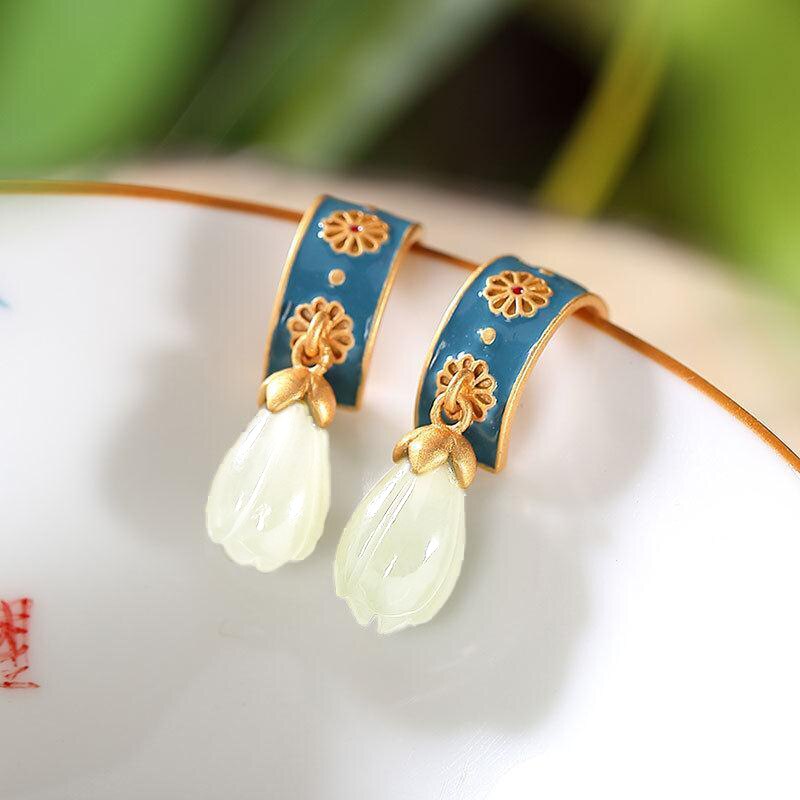 Original Design Natural Fine Jade Creative Earrings Vintage Retro Charm Women Charm Silver Jewelry