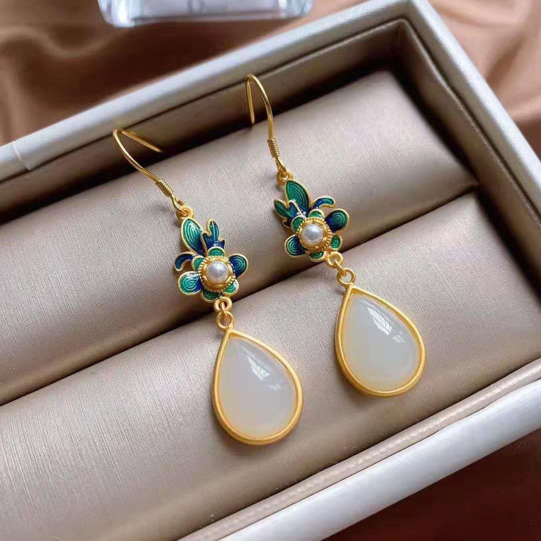 Lokaloca Original Natural Fine White Jade Enamel Water Drop Earrings