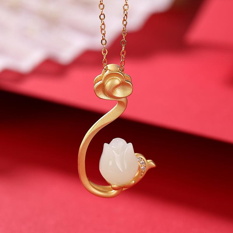 Original Design Natural Fine White Jade Tulip Pendant Necklace Vintage Retro Unique Craft Charm Women's Silver Jewelry