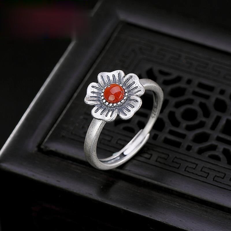 Original Design Natural Southern Red Agate Plum Opening Adjustable Ring Vintage Retro Elegant Charm Women's Silver Jewelry