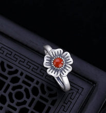 Load image into Gallery viewer, Original Design Natural Southern Red Agate Plum Opening Adjustable Ring Vintage Retro Elegant Charm Women&#39;s Silver Jewelry
