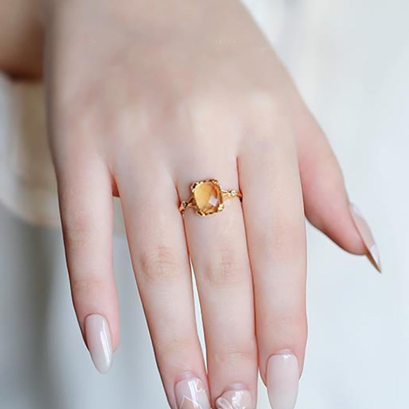 Original Design Silver Inlaid Natural Citrine Opening Adjustable Ring Elegant Luxury Charm Female Jewelry