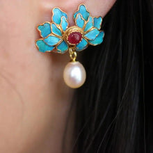 Load image into Gallery viewer, Original Designer Craft Cloisonne Gilt Silk Ruby Pearl Earrings Vintage Style Retro Palace Unique Charm Women&#39;s Silver Jewelry
