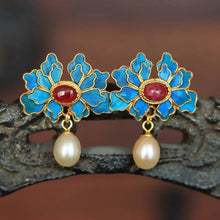 Load image into Gallery viewer, Original Designer Craft Cloisonne Gilt Silk Ruby Pearl Earrings Vintage Style Retro Palace Unique Charm Women&#39;s Silver Jewelry
