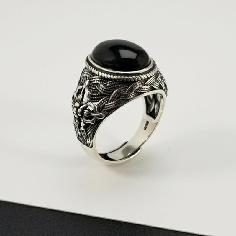 Original Designer Craftsmanship Dark Retro Open Ring Inlaid Black Agate Charm Men's Jewelry