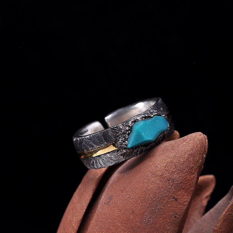 Original Designer Craftsmanship Inlaid Turquoise Opening Adjustable Ring Retro Men's Trendy Silver Jewelry