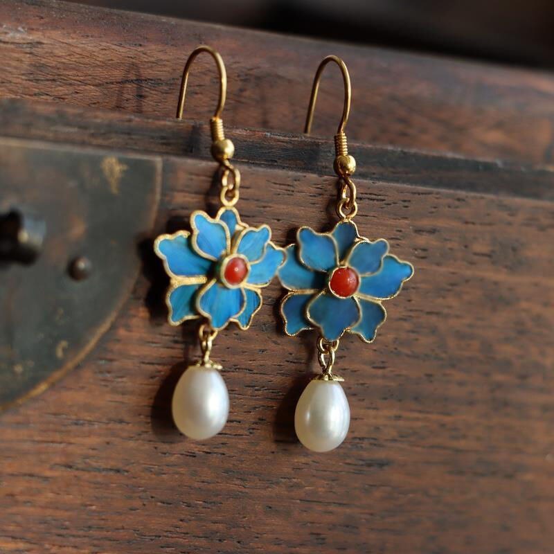 Original Designer Enamel Porcelain Pearl Earrings Vintage Style Retro Elegant Flower Charm Women's Silver Jewelry