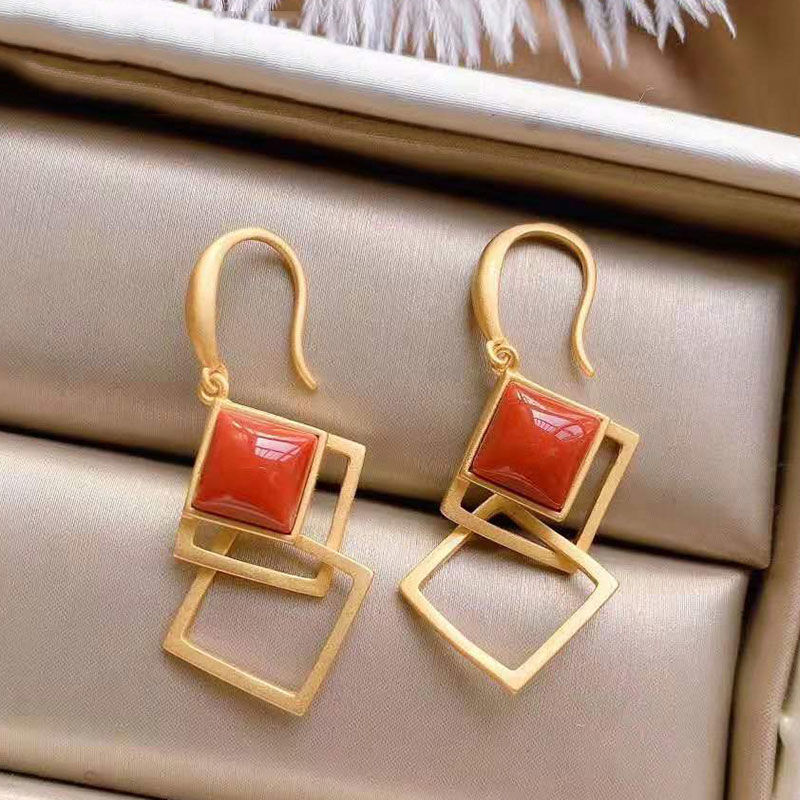 Original Designer Natural Souther Red Agate Unique Craft Earrings Geometric Luxury Women's Brand Jewelry