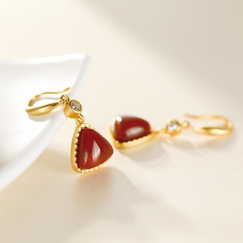 Original Craft Natural Southern Red Agate Triangle Earrings Vintage Style Retro Design Charming Women's Brand Jewelry