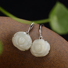 Load image into Gallery viewer, Original Silver Inlaid Fine Jade Rose Plant Floseower Earrings Lady&#39;s Fashion Jewelry
