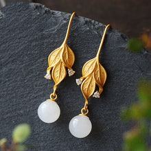 Load image into Gallery viewer, Original Natural Fine White Jade Leaf Earrings Vintage Retro Unique Craft Women Silver Jewelry
