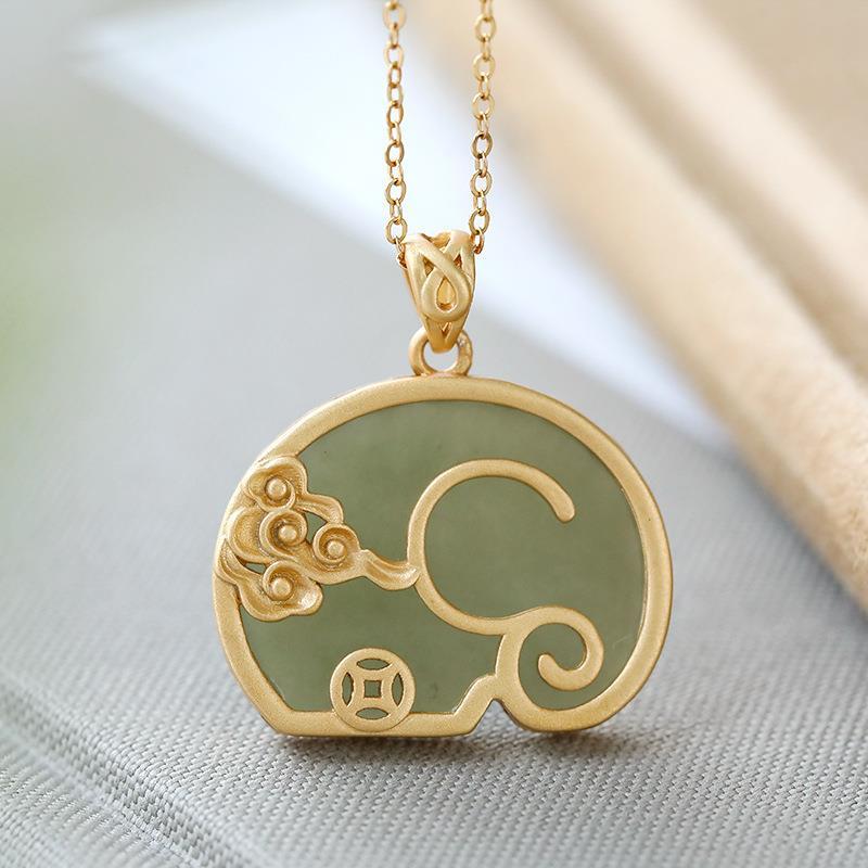 Original Natural Fine Jade Jasper Elephant Auspicious Necklace Earrings Retro Craft Charm Female Silver Jewelry Set